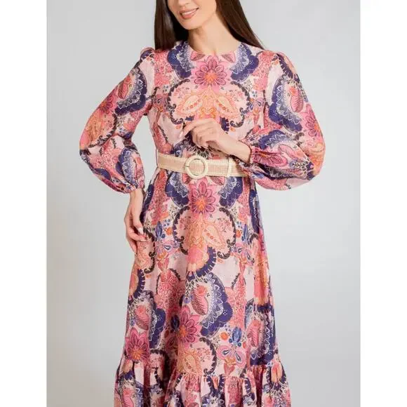 Zimmermann Laurel Billow Belted Puff Sleeve Midi Linen Dress Pink Purple - Picture 4 of 16